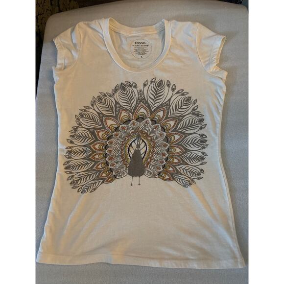 Fossil Short Sleeve Embroidered Look Peacock Vintage Style Tee S Casual Boho - Picture 5 of 8